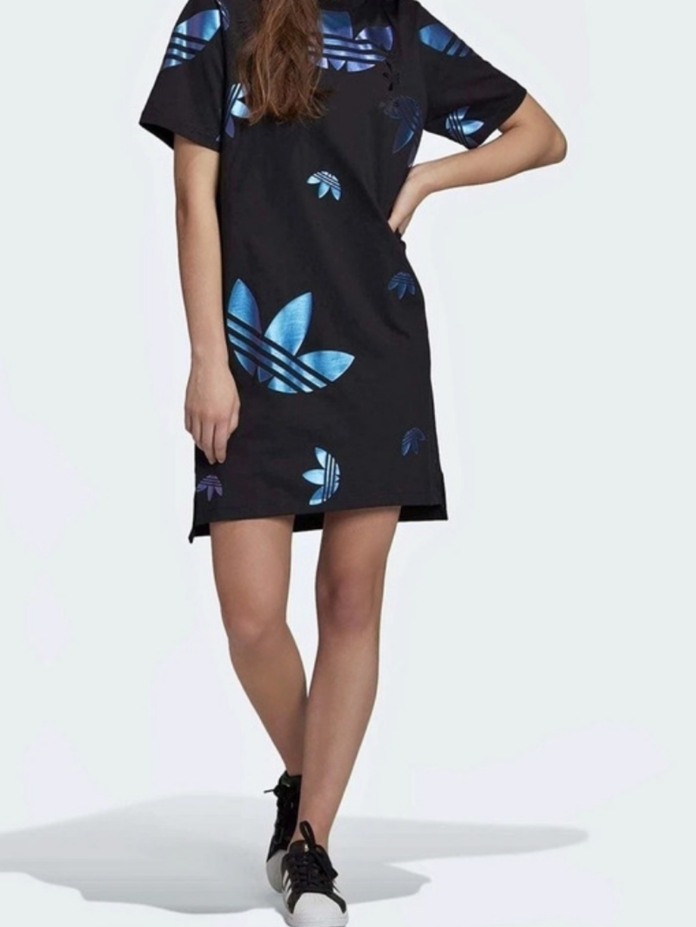 Adidas Originals Allover Foil Trefoil T-Shirt Dress Women's Graphic Mini Dress